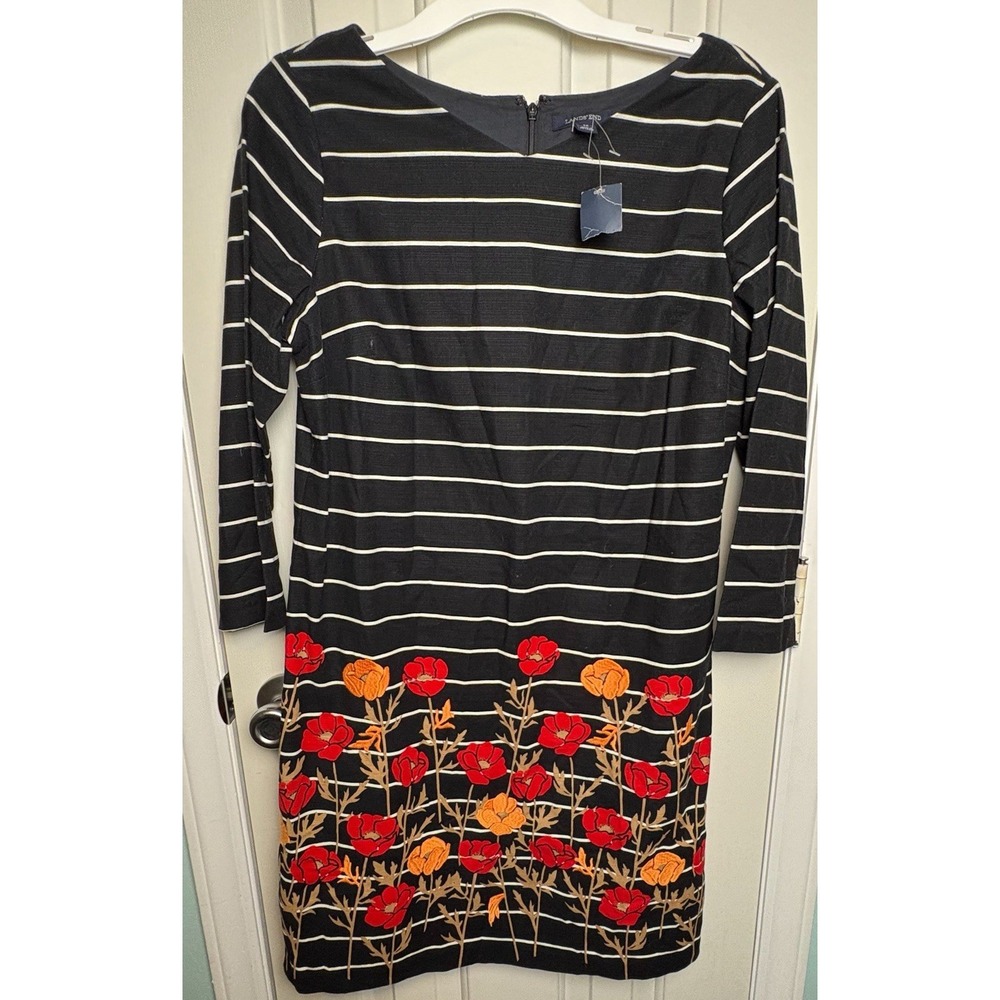 Lands' End Women's 12 Dark Navy 3/4 Sleeve Dress Blue Striped Embroidered Floral